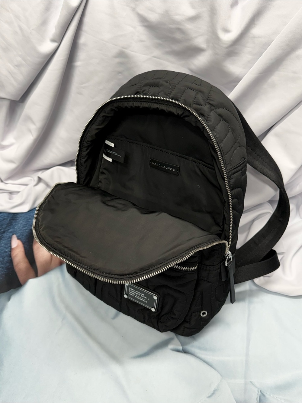 (new+tag) Marc Jacobs Black Quilted Logo Nylon Backpack size 15x11 inch - Picture 5 of 9